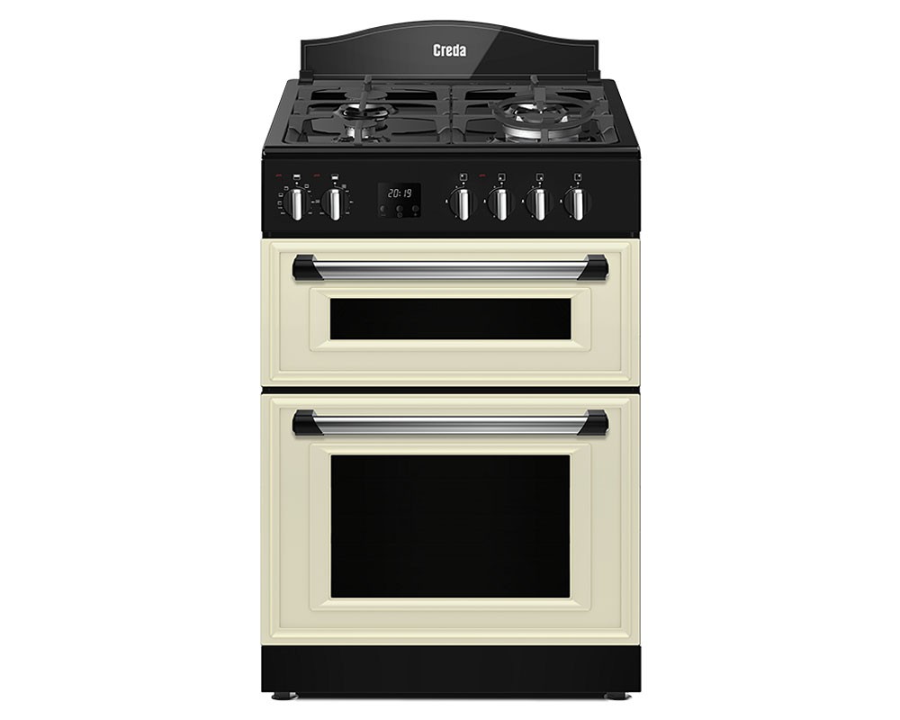 Black and cream dual-fuel cooker with four gas burners, two ovens, chrome knobs, and a sleek design featuring a classic aesthetic.