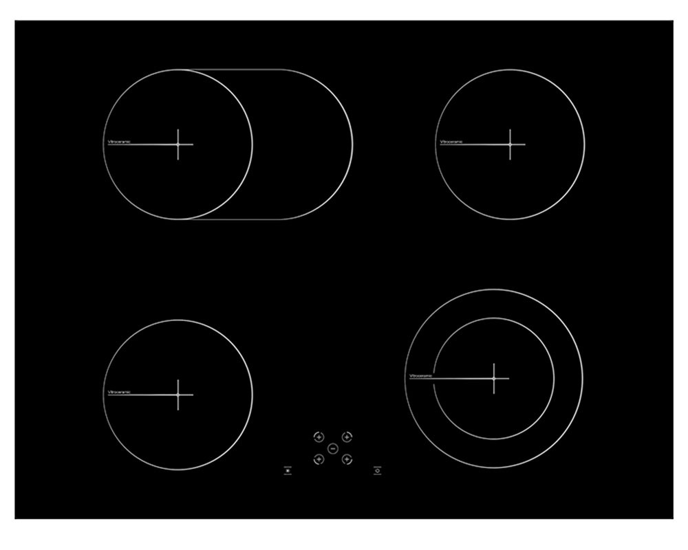 Black glass cooktop featuring four circular induction burners with white control markings and a sleek, modern design.