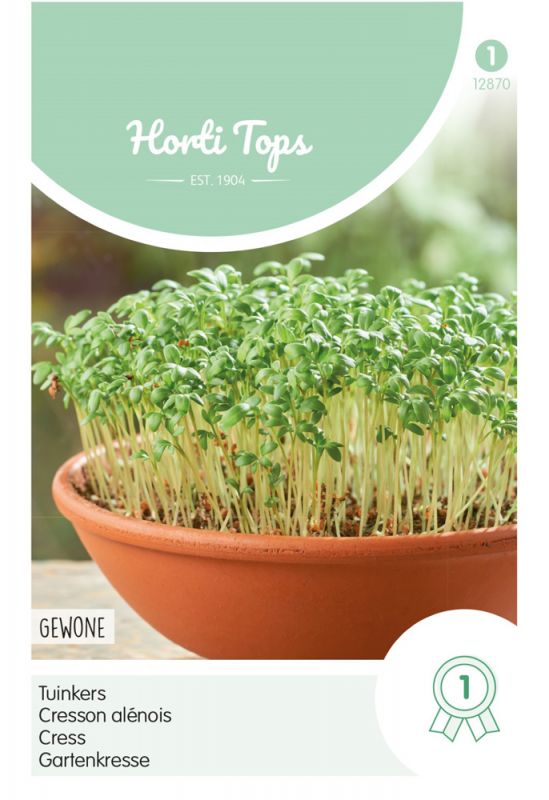 Green cress seedlings grow densely in a terracotta pot, with a light green background and "Horti Tops" branding at the top, featuring a white ribbon indicating quality.