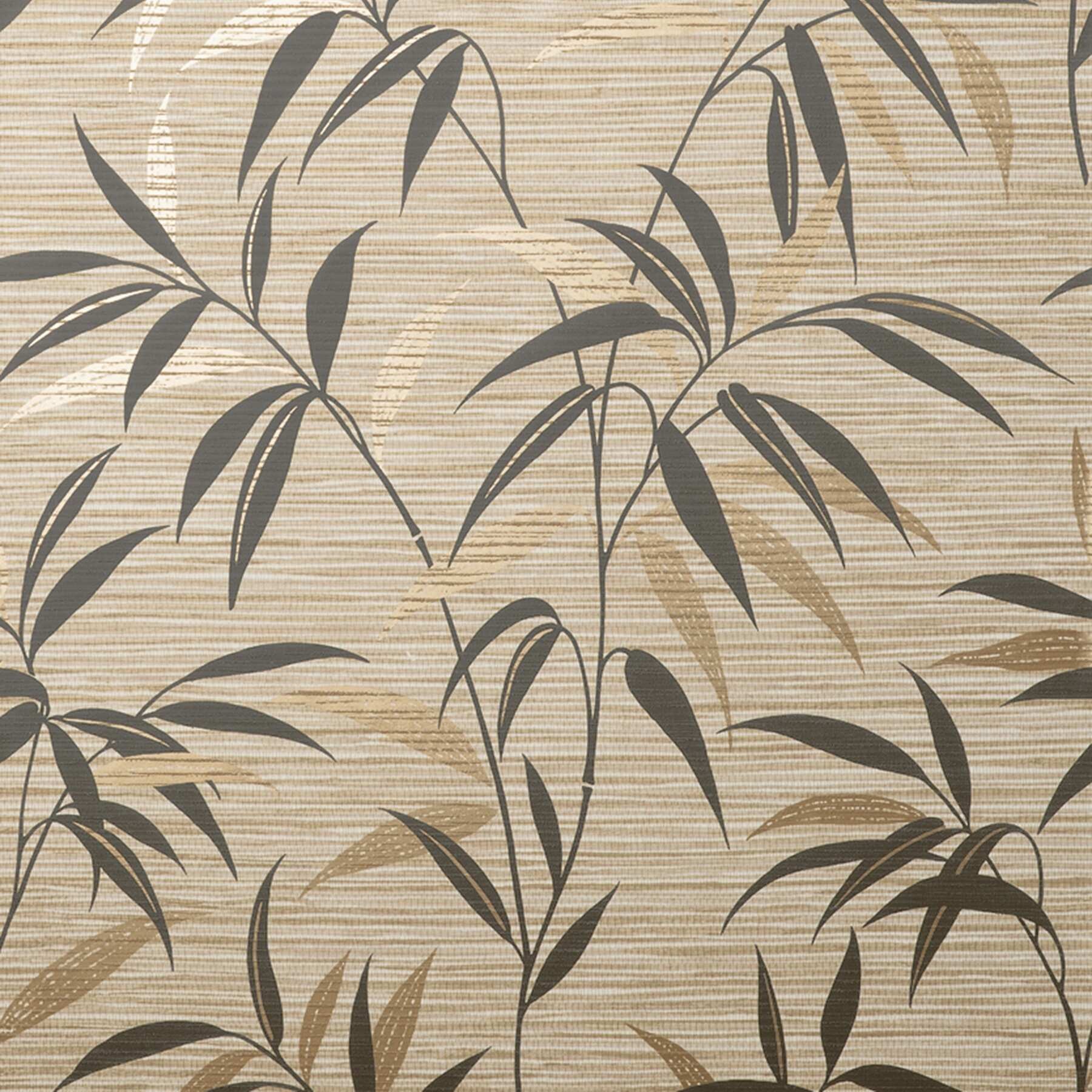 Matte non-pasted wallpaper featuring a neutral brown background with intricate leaf patterns in dark gray and subtle gold accents.