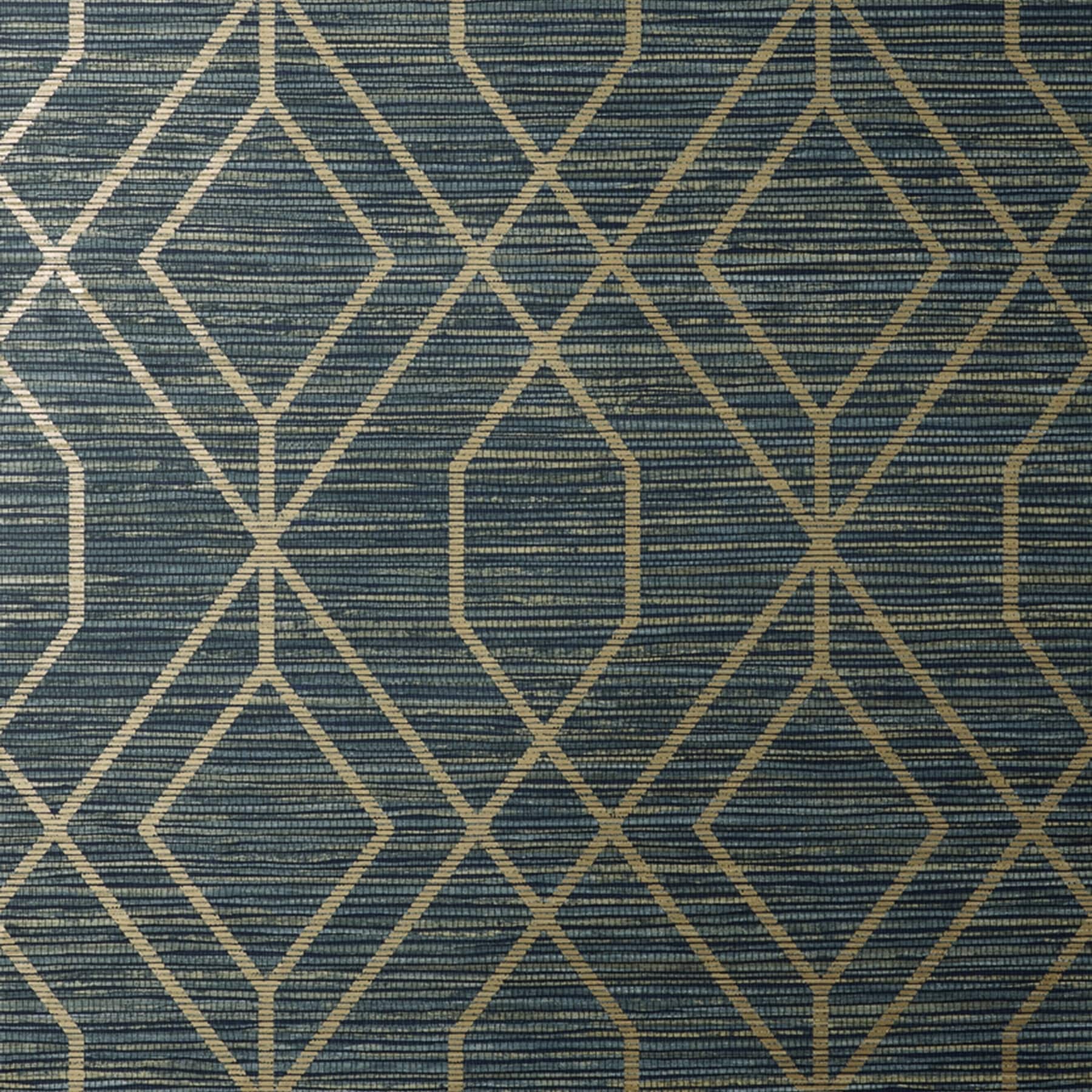 Fusion Blue Navy Trellis Matte Non-Pasted Paper Wallpaper features a deep navy background with a geometric trellis pattern in gold, showcasing a textured matte finish.