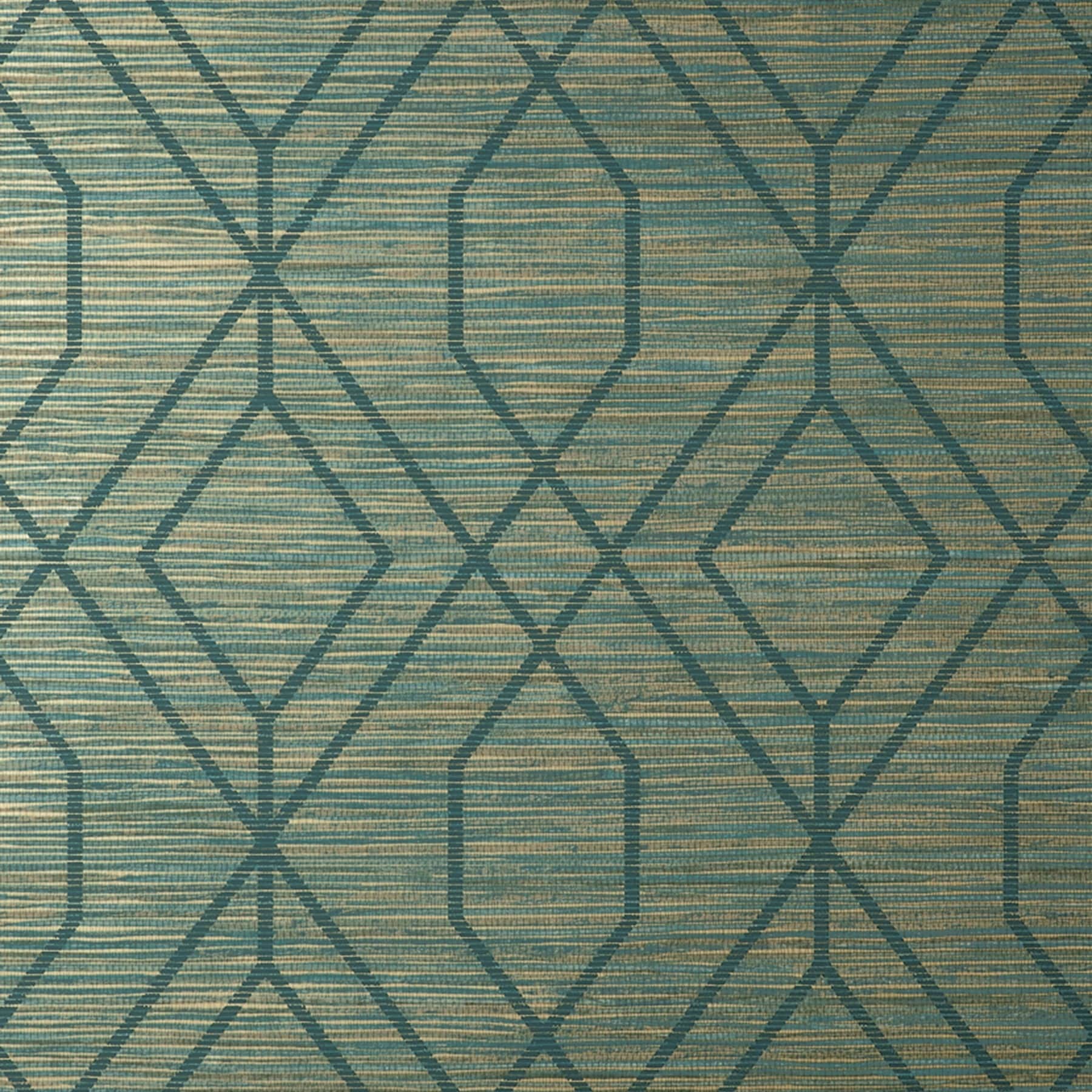 Fusion Blue Teal Trellis wallpaper features a matte finish with a geometric diamond pattern in teal and gold, set against a textured background.