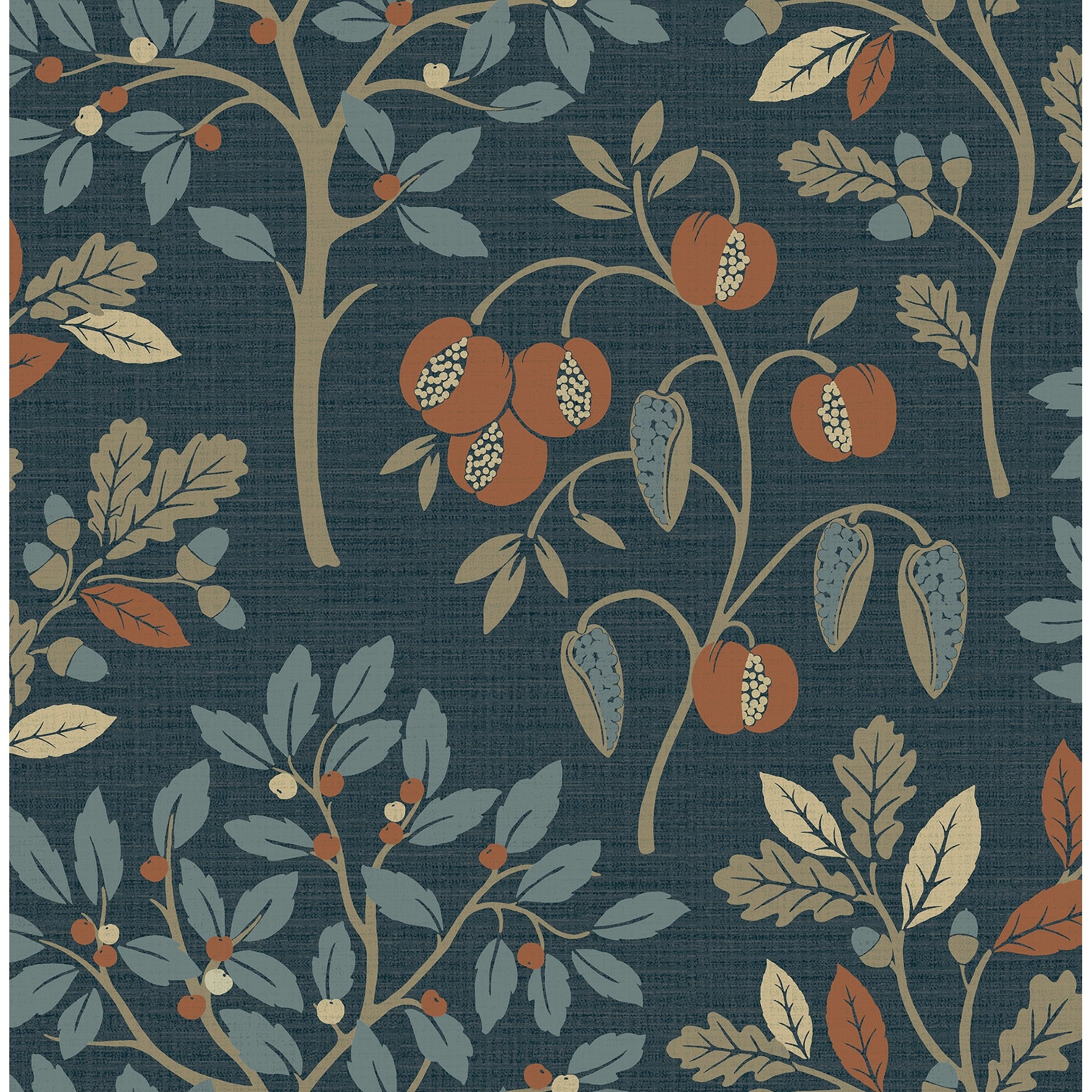 Navy wallpaper featuring autumn trees with orange and teal leaves, intricate floral patterns, and a textured background, designed for a warm, natural aesthetic.