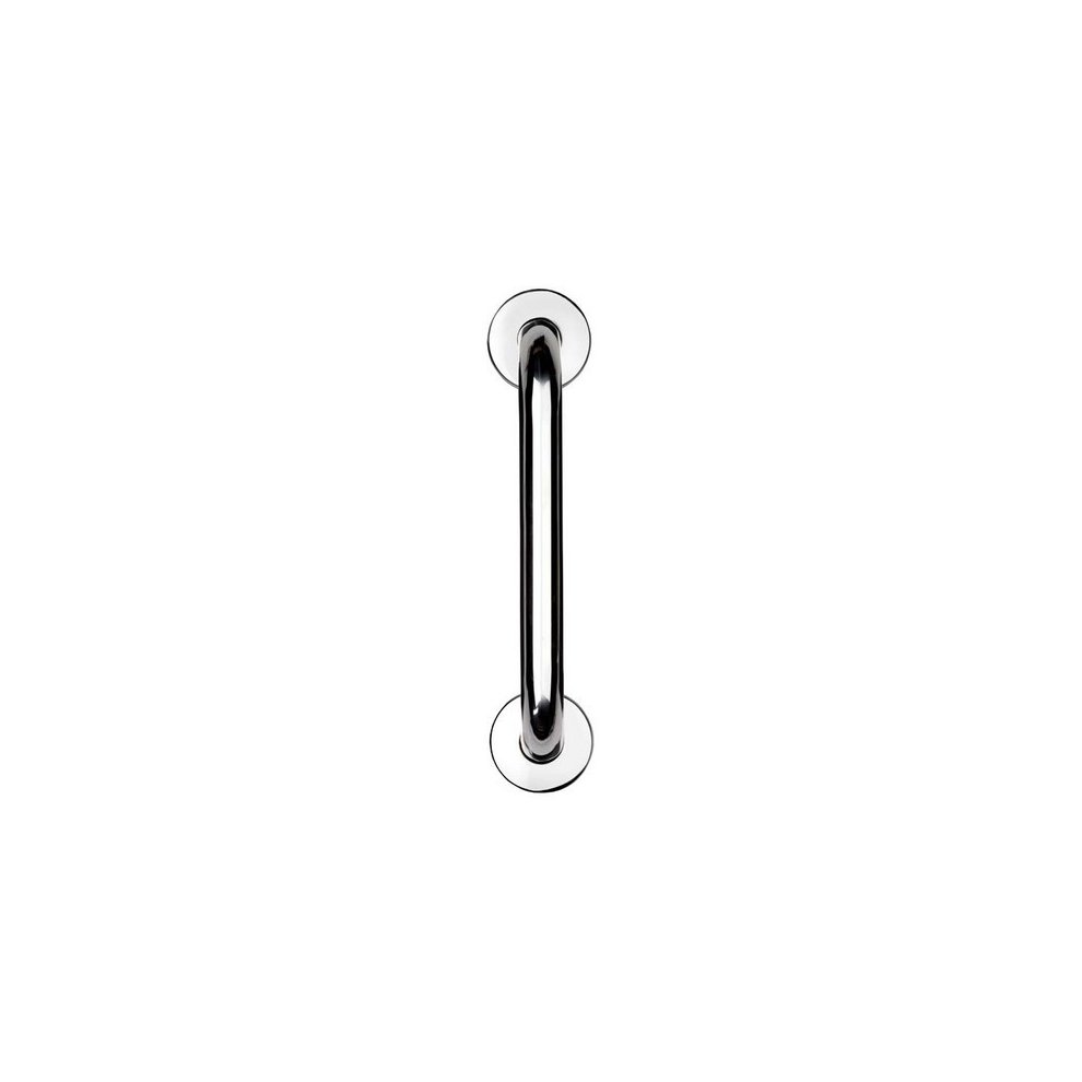 Stainless steel straight grab bar, 300mm long, featuring a polished chrome finish and circular mounting plates for secure installation.