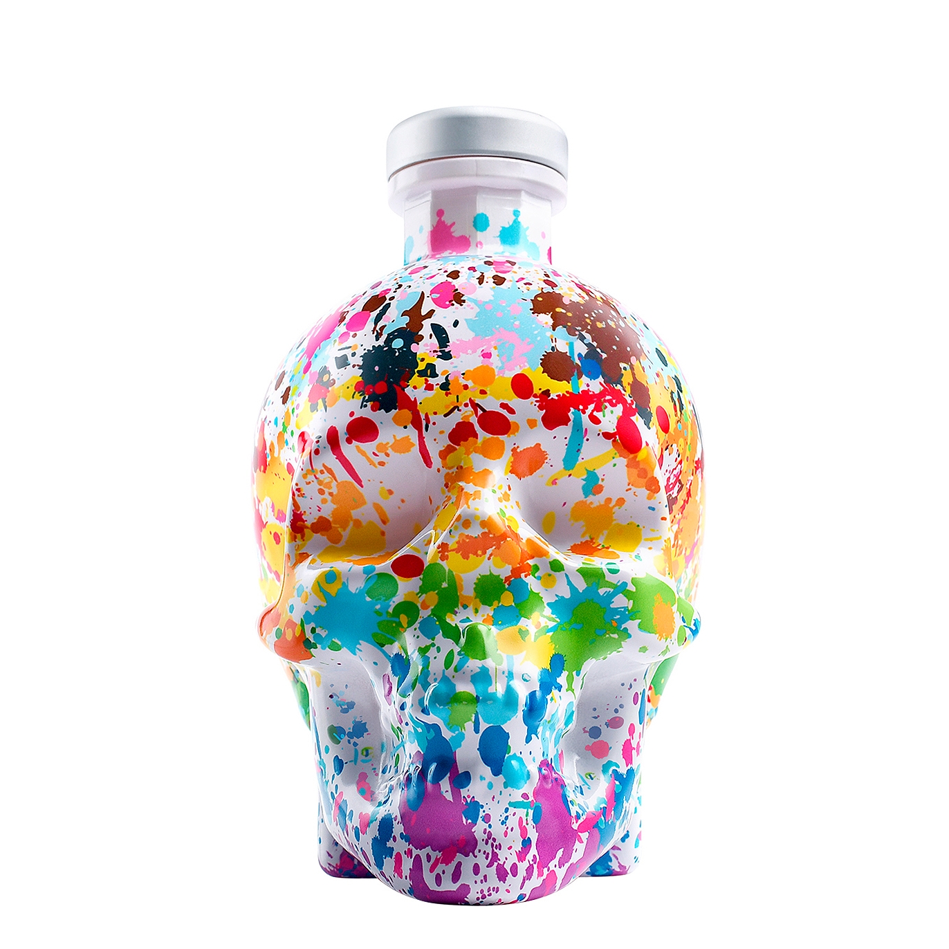Limited Edition Pride 2023 vodka bottle shaped like a skull, featuring a glossy white finish adorned with vibrant splashes of rainbow colors, topped with a silver cap.