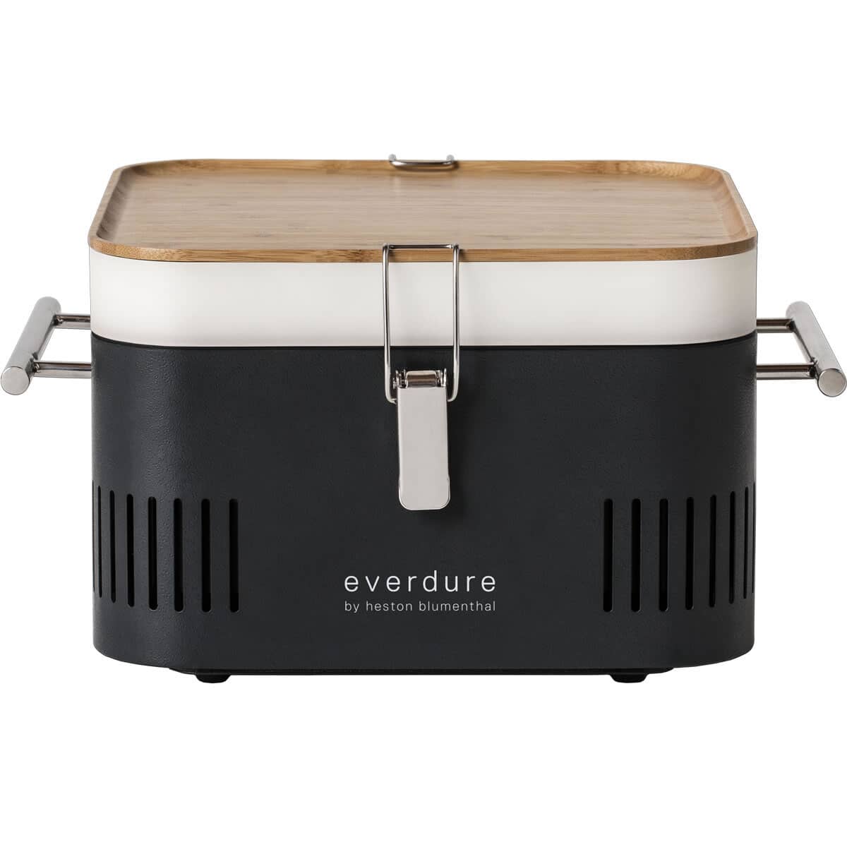 Square portable charcoal BBQ in graphite with a bamboo lid, stainless steel handles, and ventilation slots, featuring a sleek design and branding on the front.