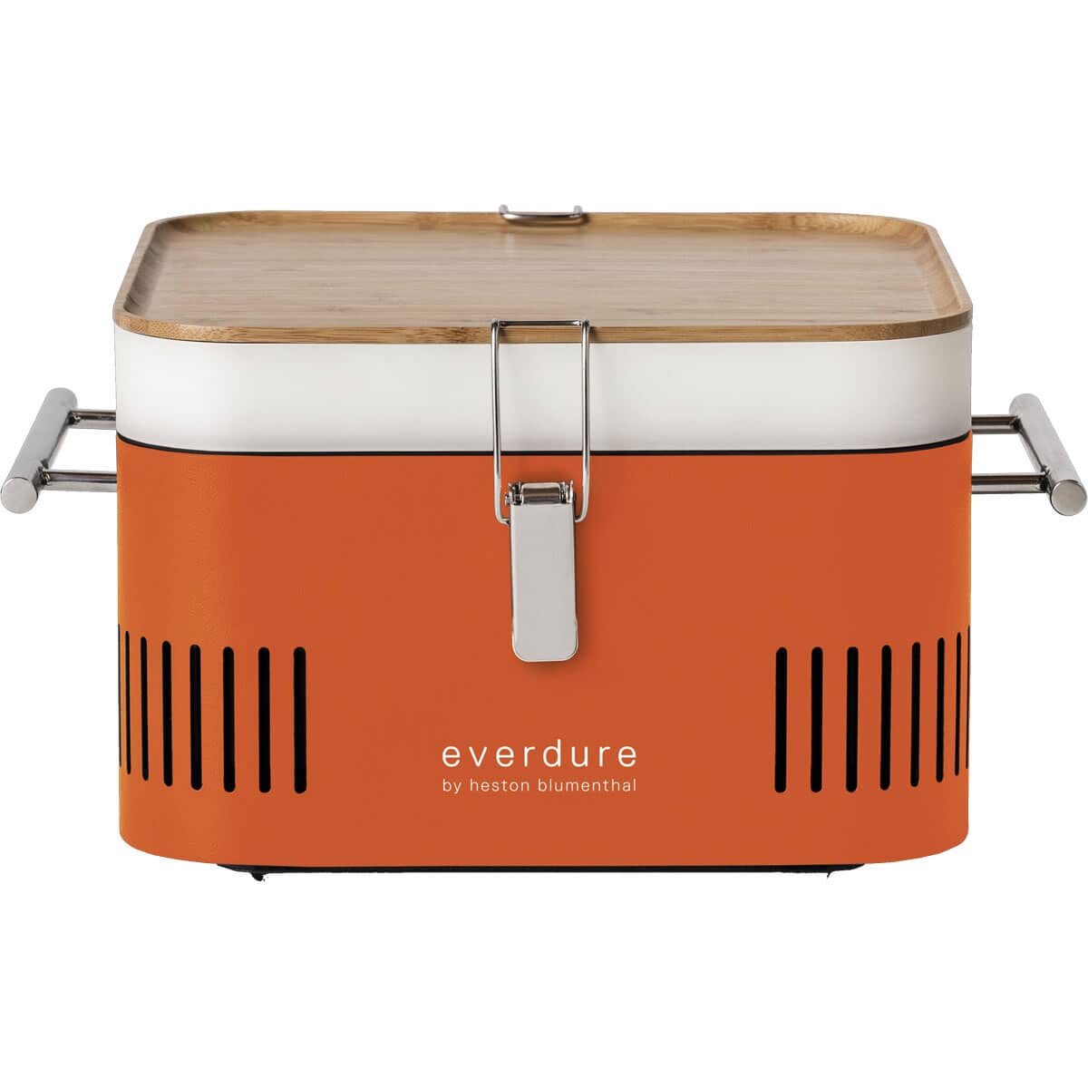 Everdure by Heston Blumenthal CUBE Charcoal BBQ in vibrant orange with a sleek design, bamboo lid, and stainless steel handles, featuring ventilation slots for optimal airflow.