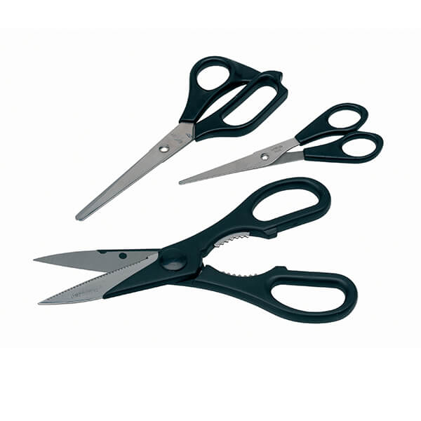 Three-piece Culinare scissor set featuring stainless steel blades and black plastic handles, including large, medium, and small scissors for versatile cutting tasks.