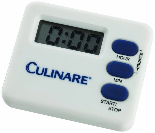 Culinare C35003 Digitimer Kitchen Timer in white with a digital display, featuring blue buttons for hour, minute, reset, and start/stop functions.