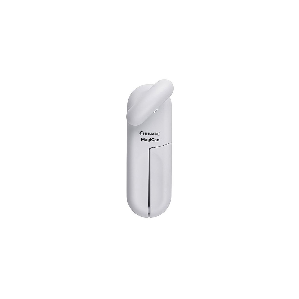 White plastic can opener with a sleek design, featuring a curved handle and a cutting mechanism, labeled "Culinare MagiCan" for easy grip and use.