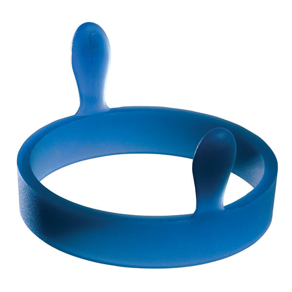 Blue silicone egg ring with two easy-grip handles for frying perfectly shaped eggs or pancakes, featuring a smooth, flexible design for easy use and cleanup.