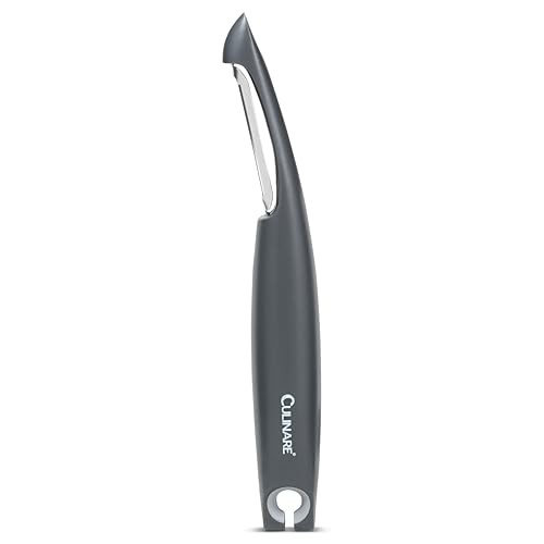 Grey angled swivel peeler with a plastic handle and stainless steel blade, designed for comfortable manual peeling of potatoes, vegetables, and fruits.