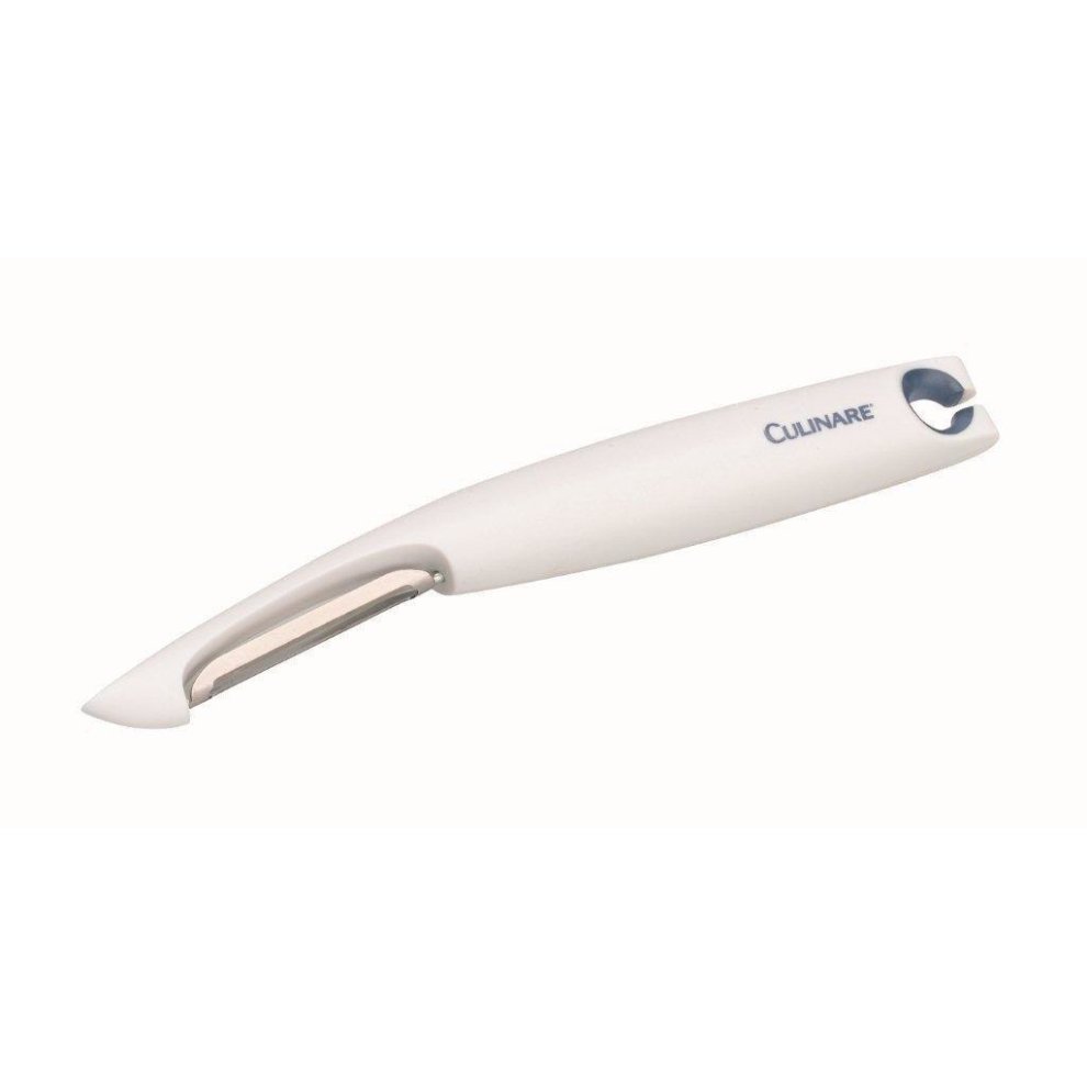 White stainless steel swivel peeler with a sleek design, featuring a sharp blade for easy peeling and a hole for hanging, branded with "Culinare" in blue.