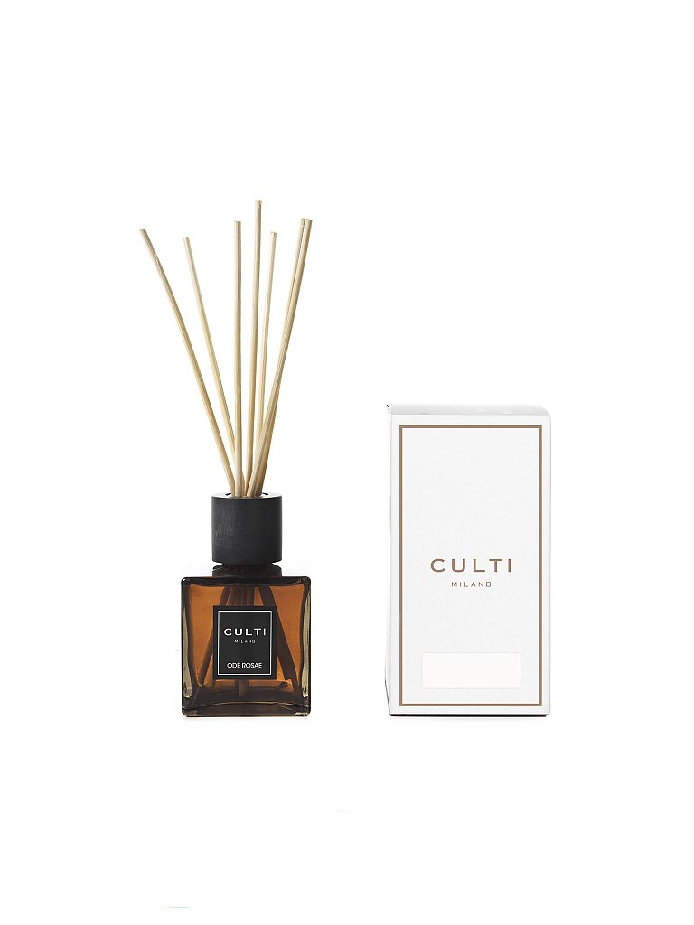 CultiDecor Room Diffuser in a square amber glass bottle with a black cap and natural reed sticks, accompanied by a white box with gold accents and "CULTI MILANO" branding.