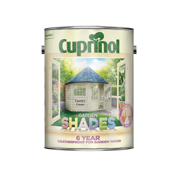 Cuprinol Garden Shades Cornflower paint can, featuring a vibrant blue color, 1 litre capacity, and a label highlighting its weatherproof properties for garden wood.
