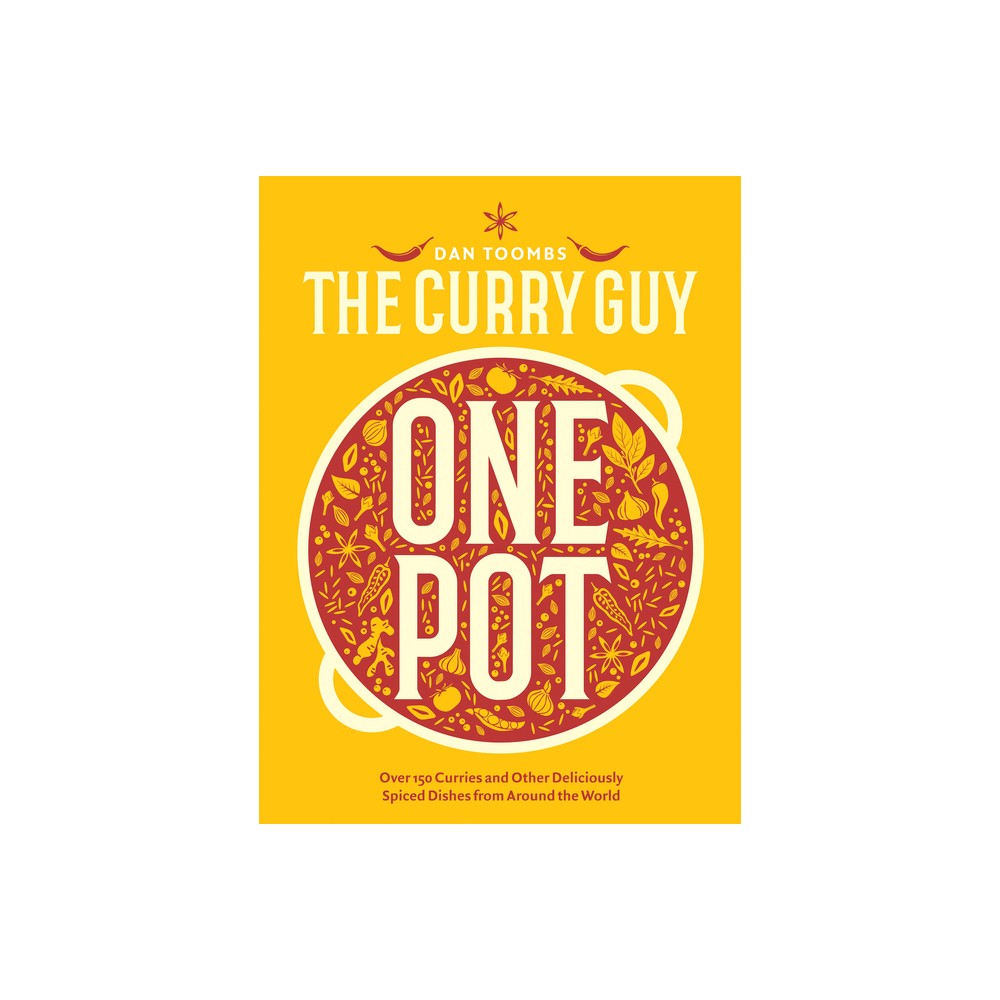 Bright yellow book cover featuring a circular red design with intricate white illustrations of spices and herbs, titled "The Curry Guy One Pot" by Dan Toombs.