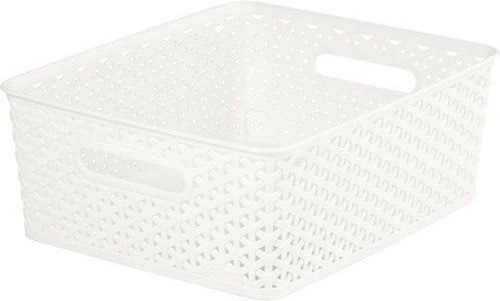 White medium storage basket made of durable plastic, featuring a perforated design and two cut-out handles for easy carrying.