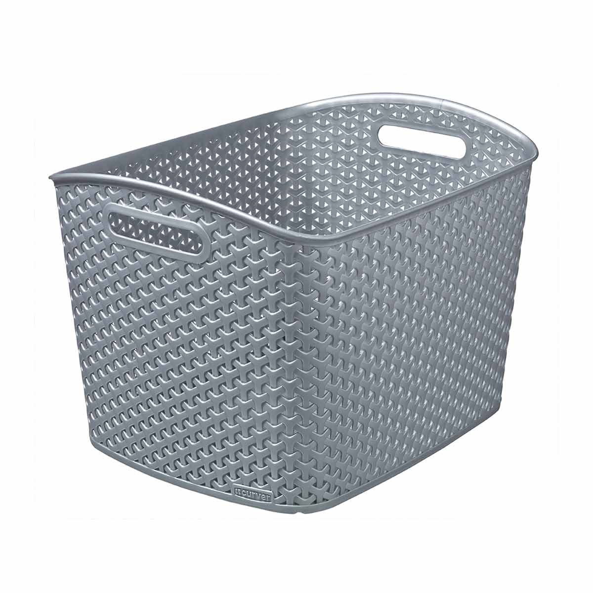 Grey plastic storage box with a woven design, featuring two cut-out handles for easy carrying and a spacious interior for organizing items.