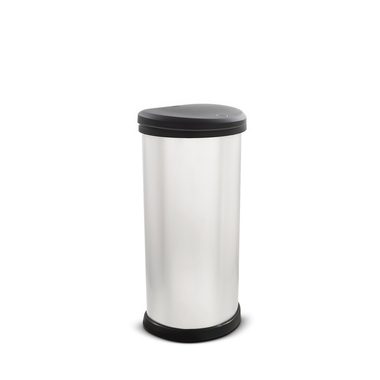 Curver One Touch Deco Bin in silver, featuring a sleek stainless steel body, a black lid, and a 40L capacity for convenient waste disposal.