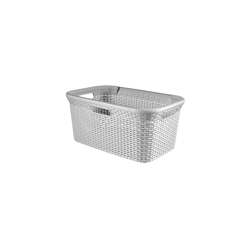 Rectangular 45-litre laundry basket in grey, made of durable plastic with a woven design, featuring integrated handles for easy carrying.