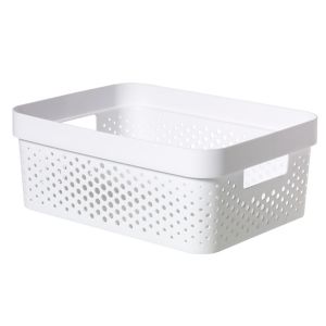 Matt white plastic storage basket with a perforated design, stackable and nestable, measuring 14mm high and 27mm wide, ideal for organizing items.