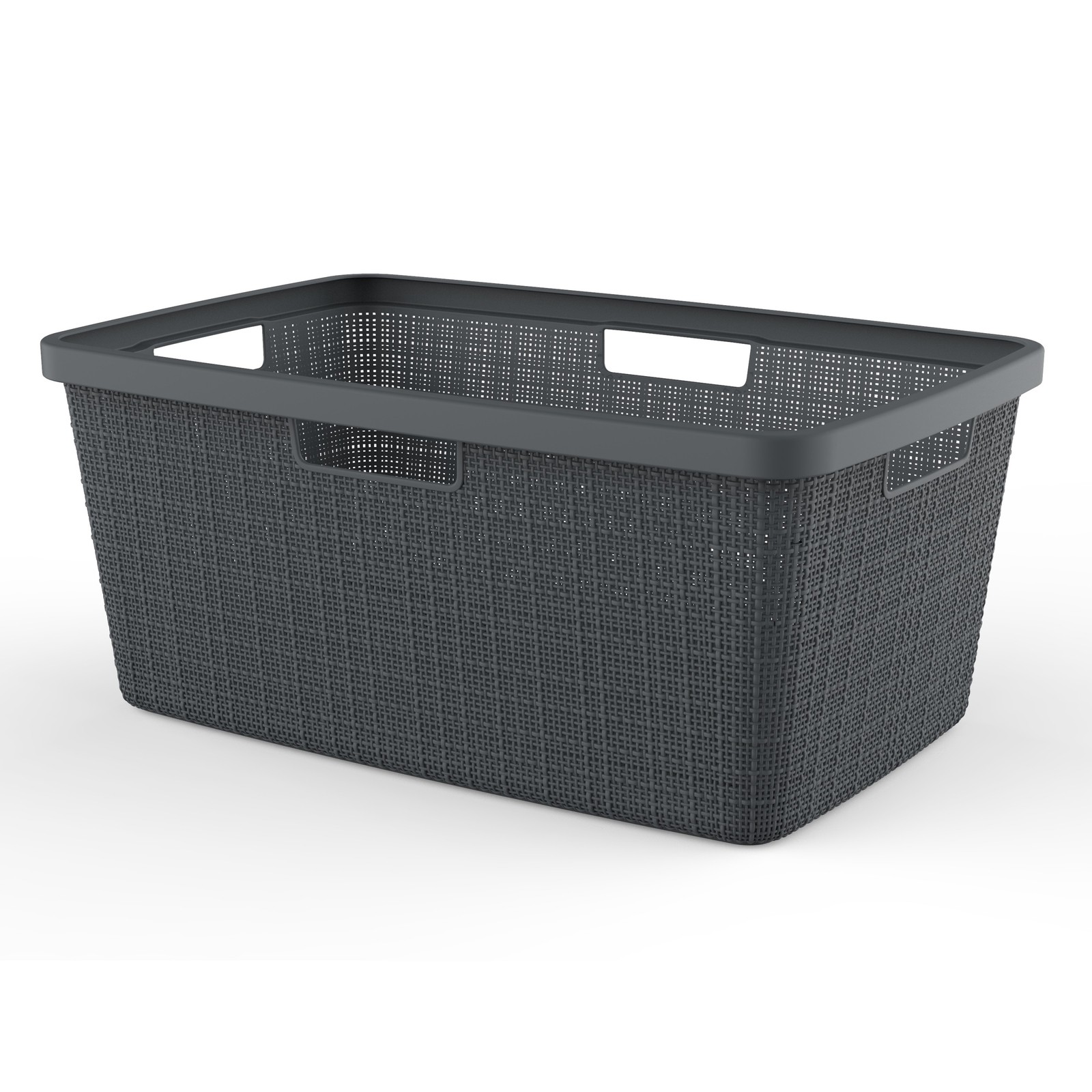 Grey jute laundry basket made of durable material, featuring a rectangular shape, open handles for easy carrying, and a stylish woven design, ideal for versatile storage.