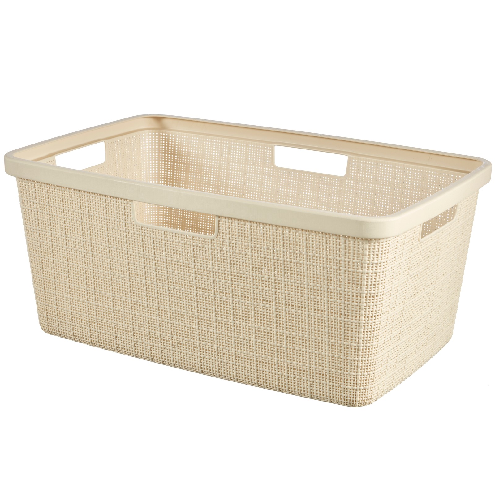 Off-white rectangular laundry basket made from 70% recycled material, featuring a jute woven effect and convenient cut-out handles for easy carrying.
