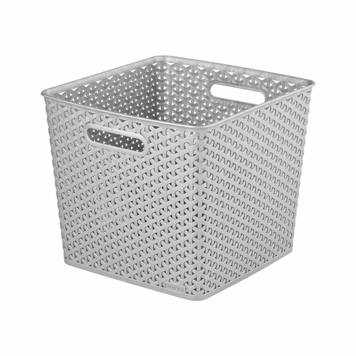Grey plastic storage box with a woven design, featuring two cut-out handles, and a capacity of 25 litres, ideal for organizing various items.