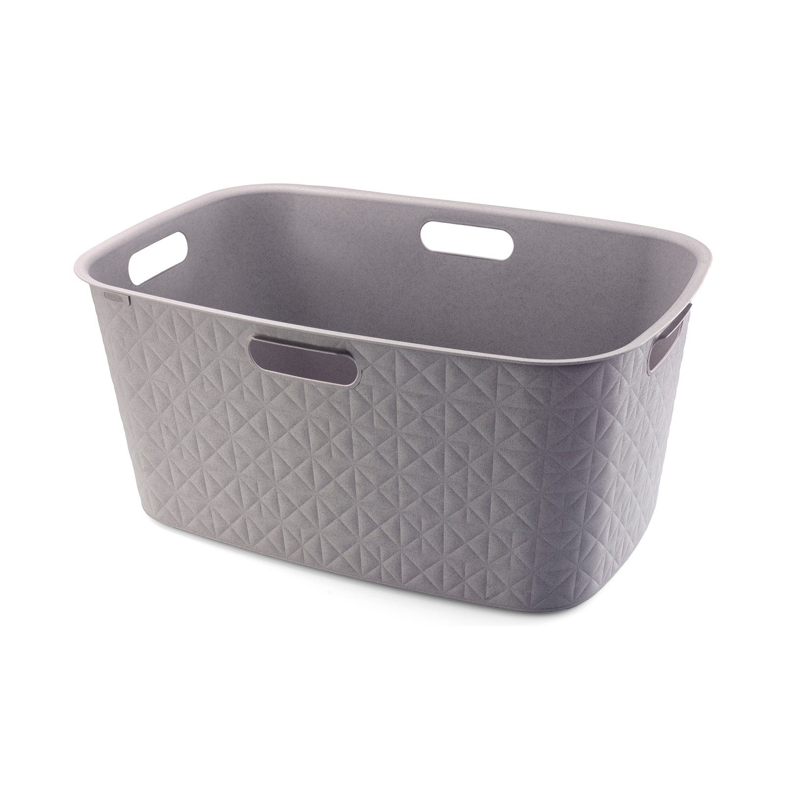 Taupe Curver Softex laundry basket with a textured diamond pattern, featuring two cut-out handles and a 45-liter capacity, made from durable plastic material.