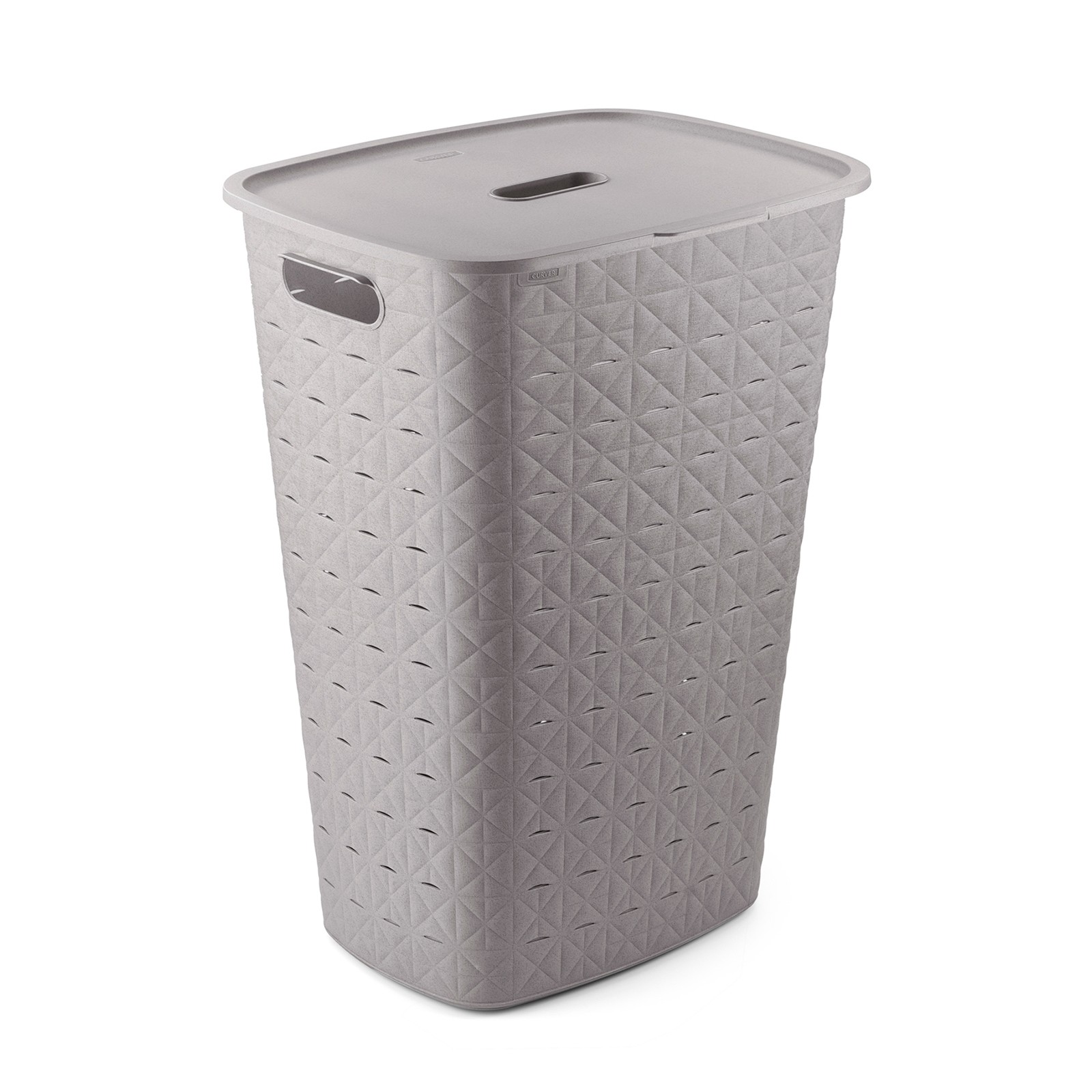 Taupe 56L laundry hamper by Curver, featuring a textured diamond pattern, a flat lid, and side handles for easy carrying.
