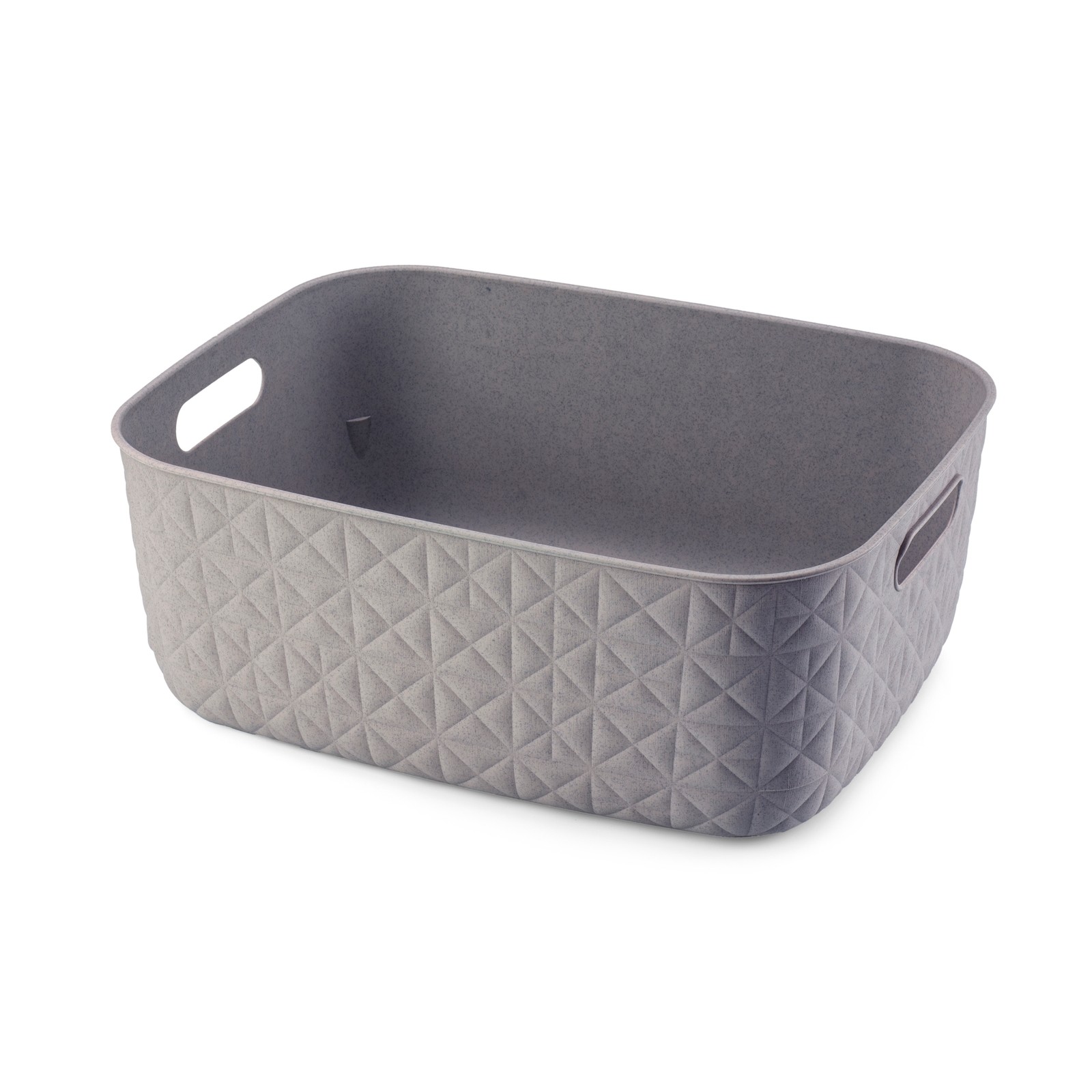 Medium taupe plastic storage bin with a soft touch finish, featuring a diamond pattern, two side handles, and a 12.5L capacity, ideal for organizing items.