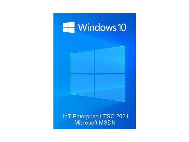 Custom Windows 10 IoT LTSC 2021 Value package featuring a blue background with the Windows logo and text detailing the product and Microsoft MSDN branding.