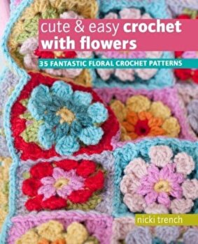 Colorful crochet squares featuring various floral patterns in bright hues of pink, blue, yellow, and green, with a prominent title in pink and white text on a light background.