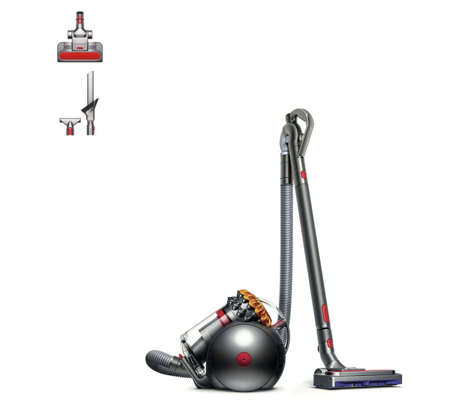 Dyson Big Ball Multi Floor 2 Corded Cylinder Vacuum Cleaner in grey, featuring a round canister, retractable hose, and multiple cleaning attachments for versatile use.