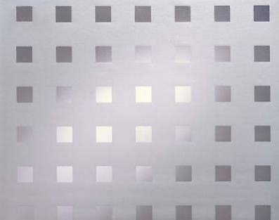 Translucent static window film featuring a grid pattern of small squares in varying opacities, ideal for privacy while allowing light to filter through.