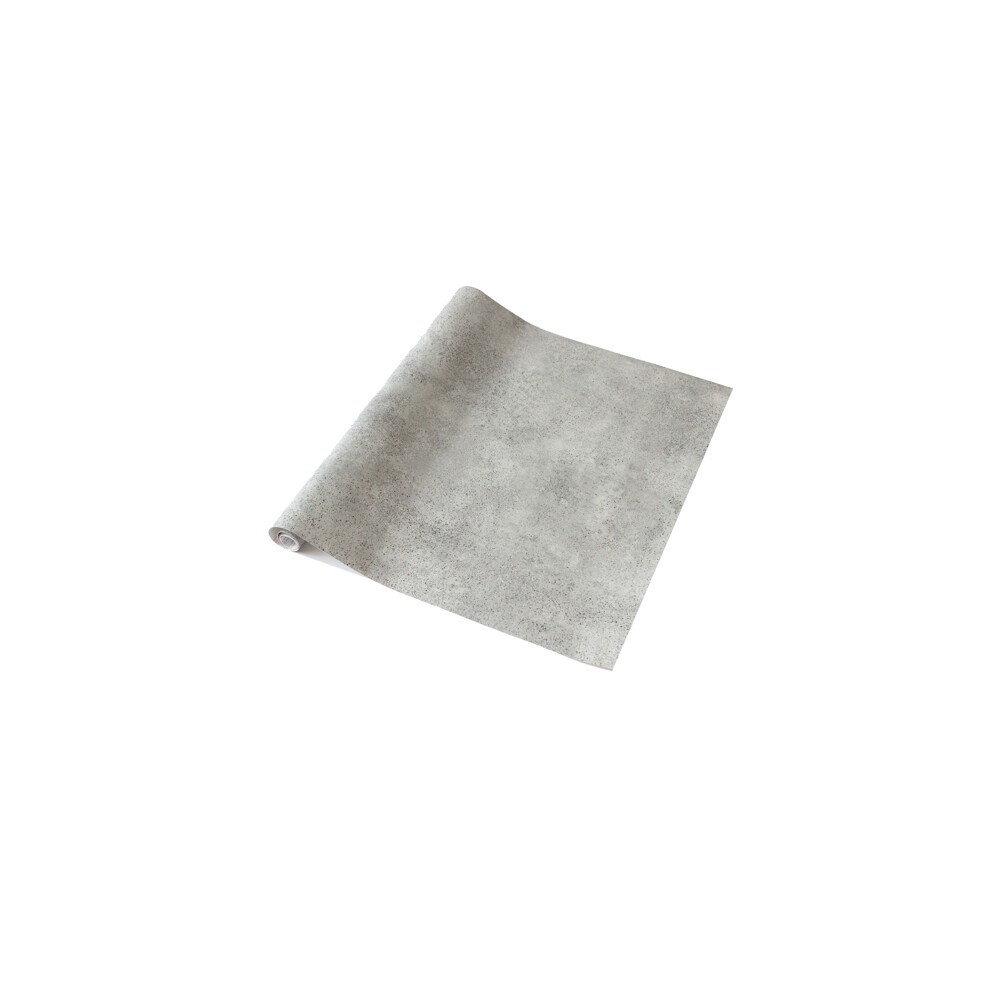 Self-adhesive vinyl wrap in a grey concrete design, featuring a textured surface, rolled up and ready for application.