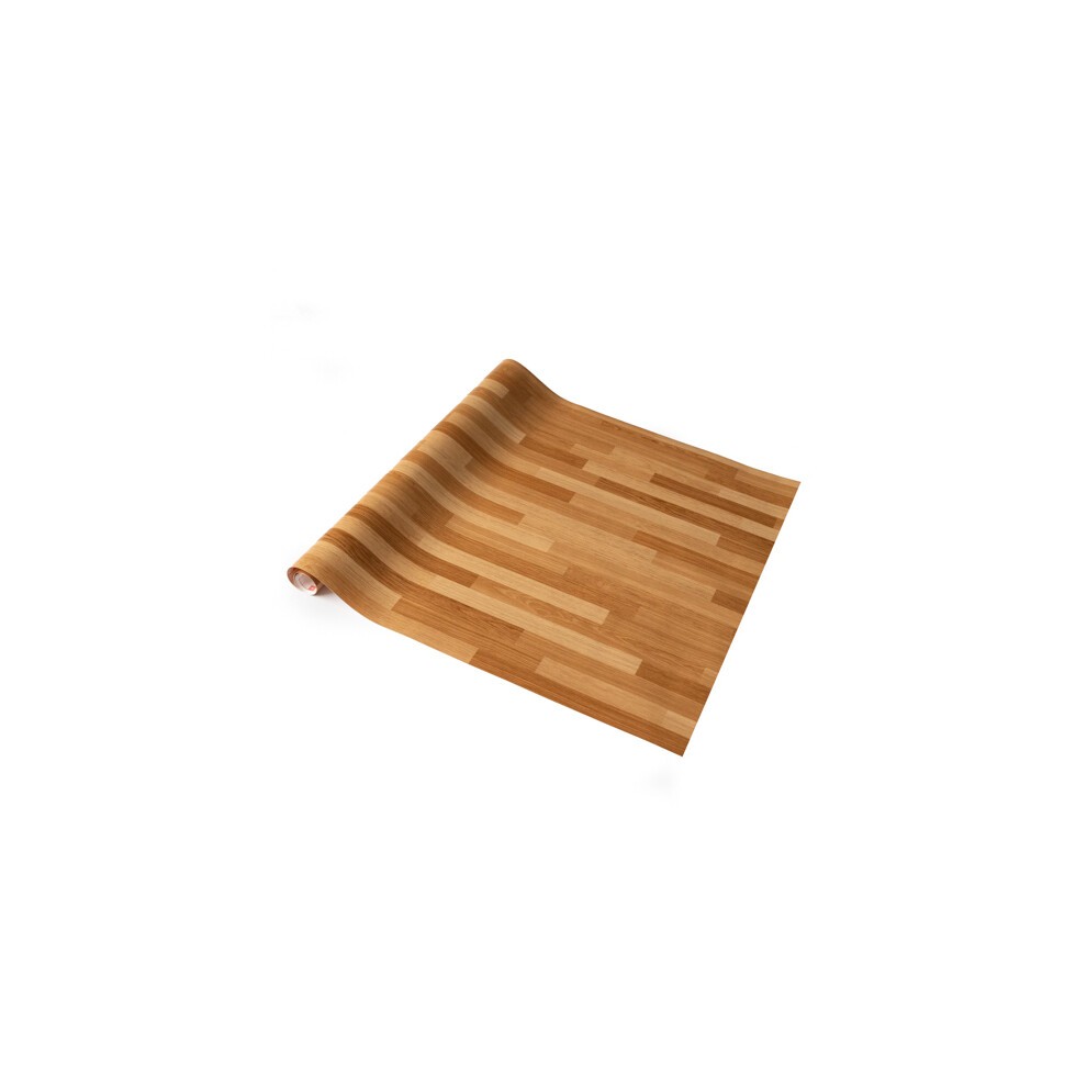 Self-adhesive vinyl wrap in a butcher block design featuring a mix of light and dark brown wood tones, ideal for home decor and furniture updates.