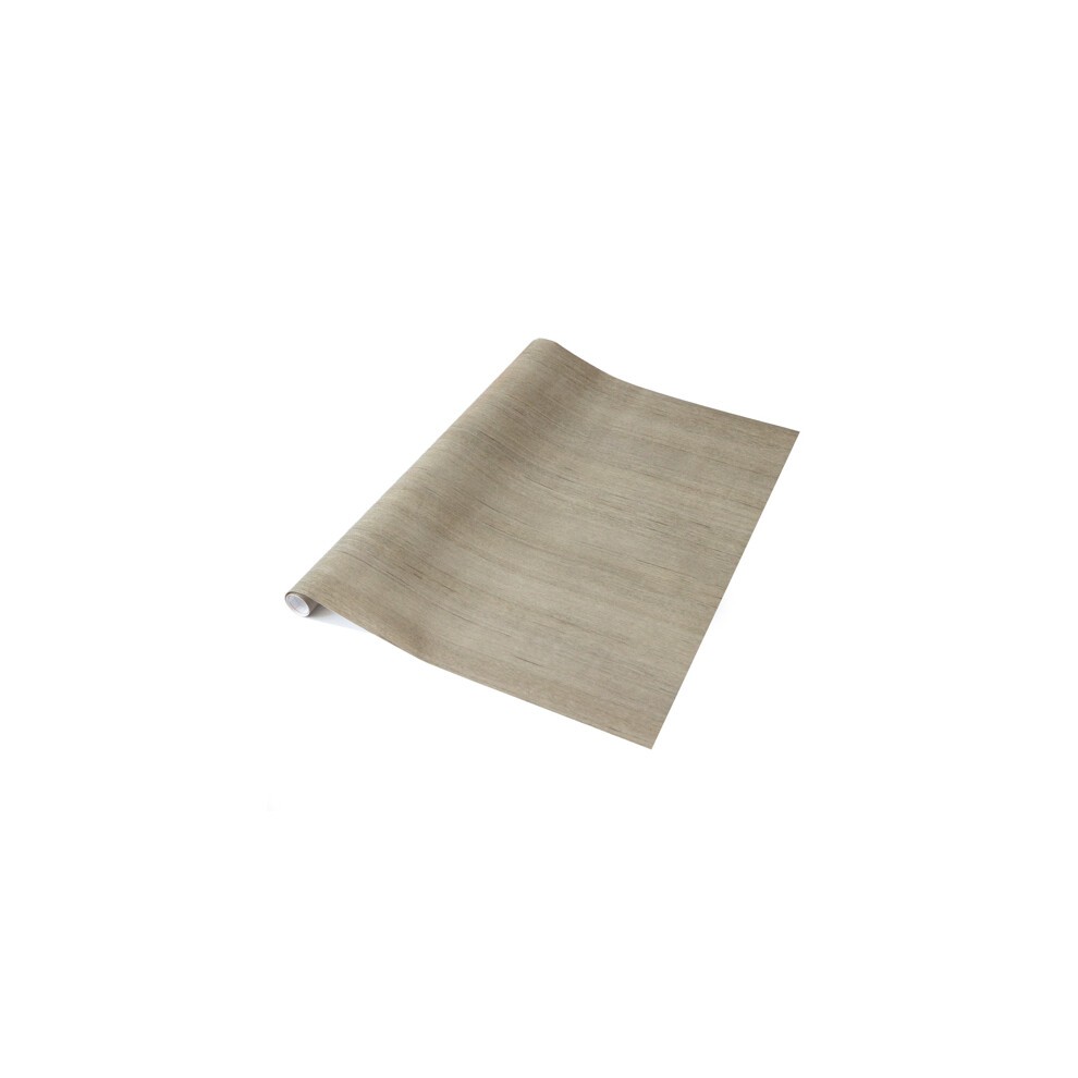 Self-adhesive vinyl wrap in a wood greige color, featuring a textured surface that mimics natural wood grain, ideal for home decor projects.