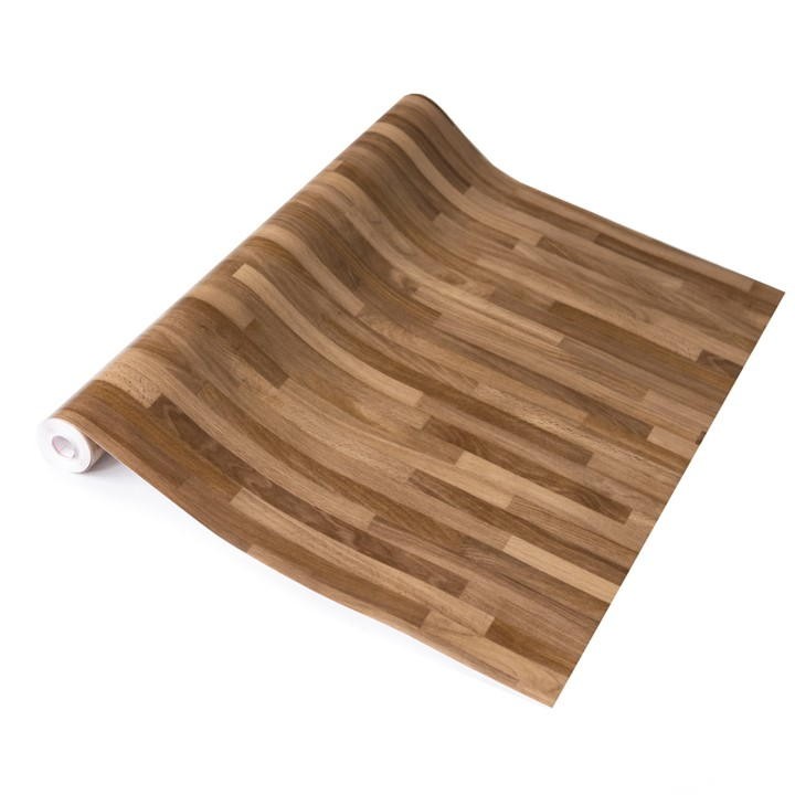 Self-adhesive vinyl wrap in a walnut block design, featuring a brown wood grain pattern with varying shades and textures, rolled out for easy application.