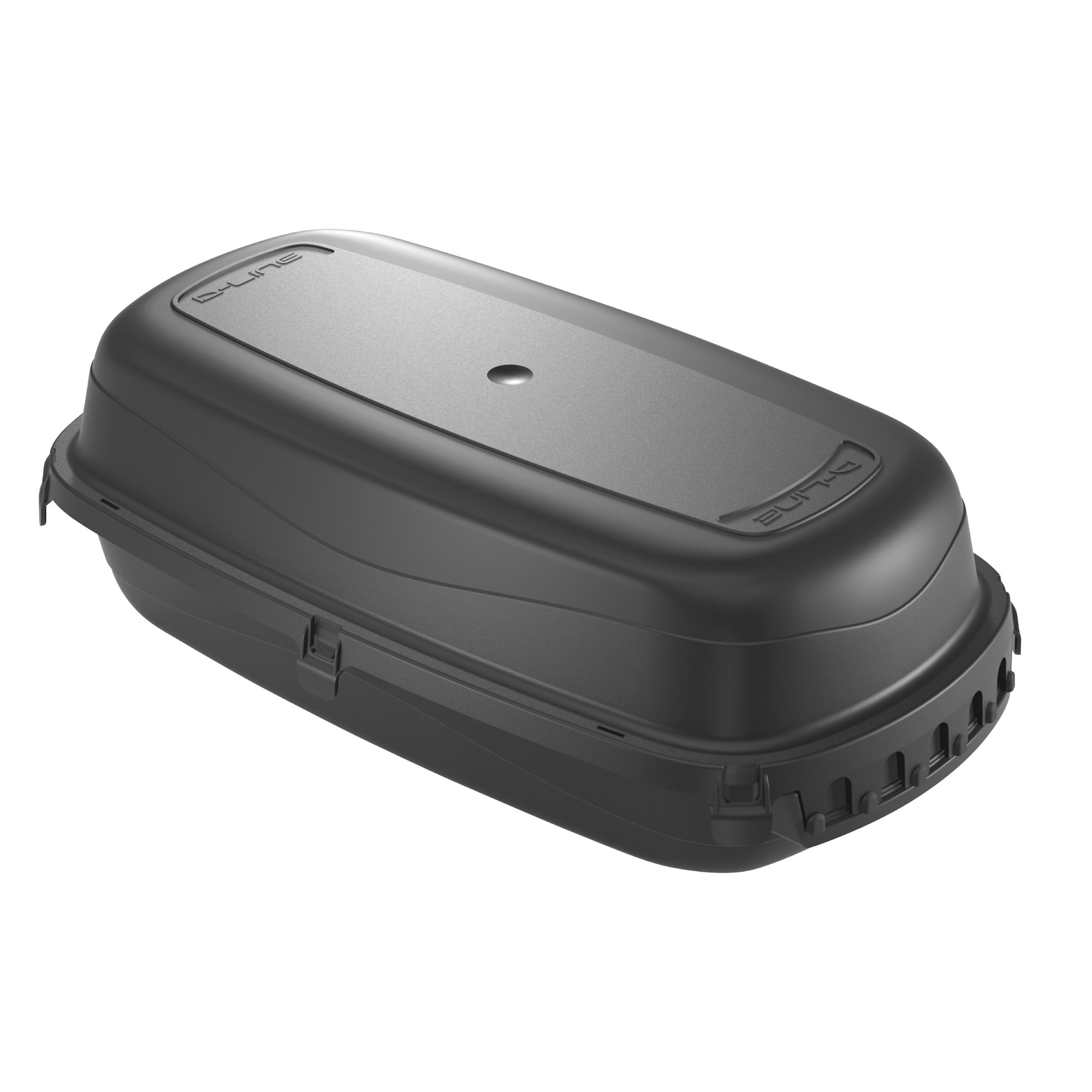 Black weatherproof electrical box with a smooth, durable exterior, featuring two entry and exit sections, designed for outdoor use and rated IP54 for protection against dust and water.