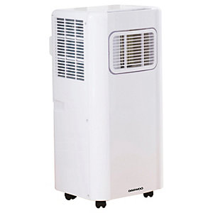 White portable air conditioning unit with a sleek design, featuring a front vent, control panel, and four caster wheels for mobility, labeled with the Daewoo logo.