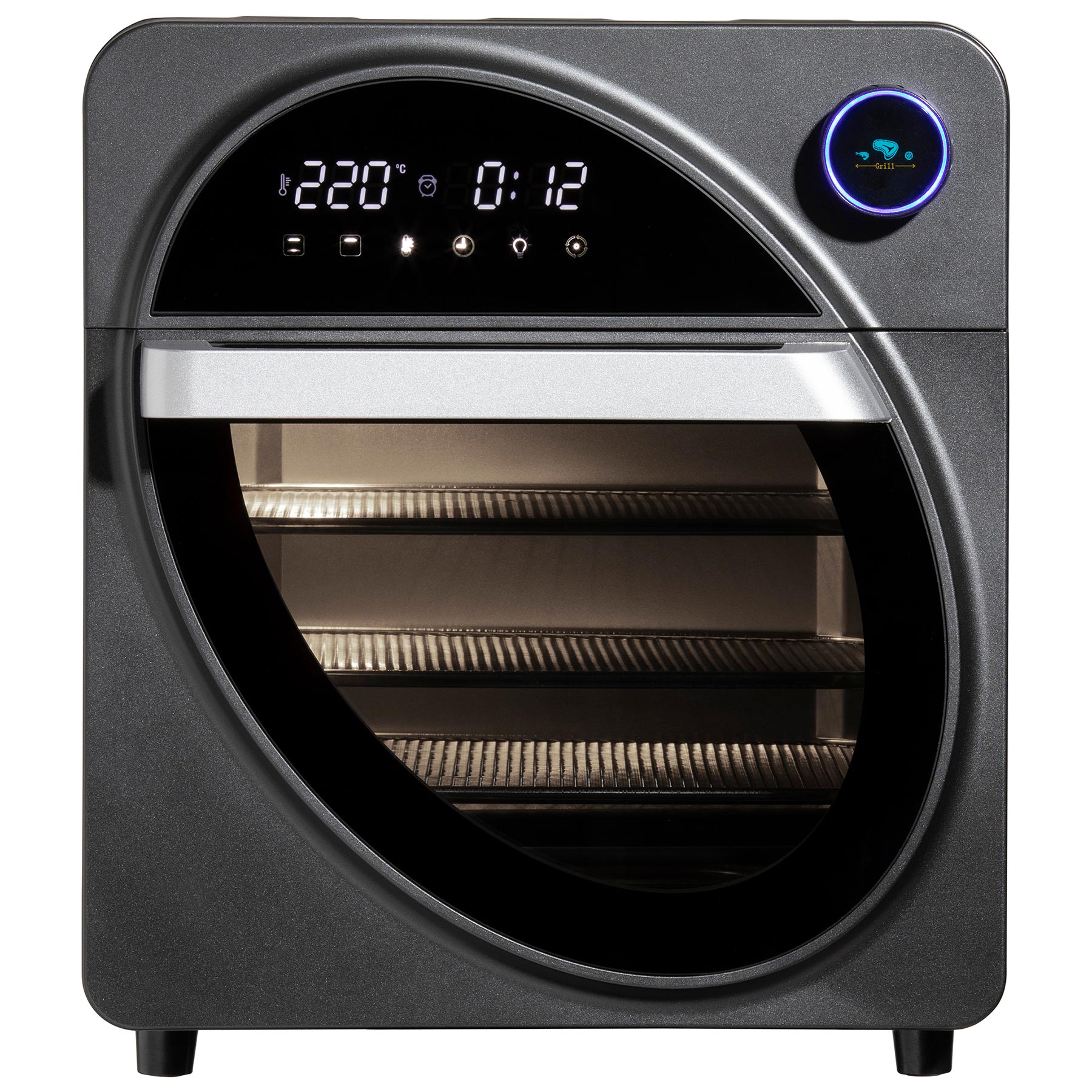 Daewoo SDA2519GE 14L Air Fryer Oven in sleek black with a silver front panel, digital display, and circular control dial, featuring three wire racks inside.