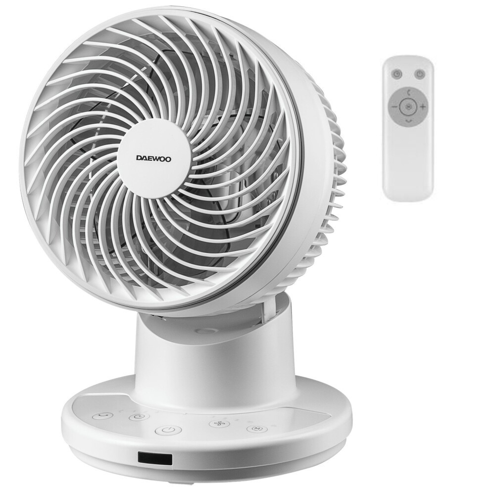 White Daewoo 8" air circulator with a sleek design, featuring a circular fan grille, a control panel at the base, and a remote control for easy operation.