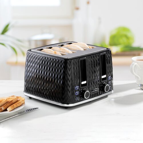 Black Daewoo 1600W 'Argyle' toaster with a textured design, featuring four slots, double high lift, and buttons for reheat and defrost functions on a kitchen countertop.