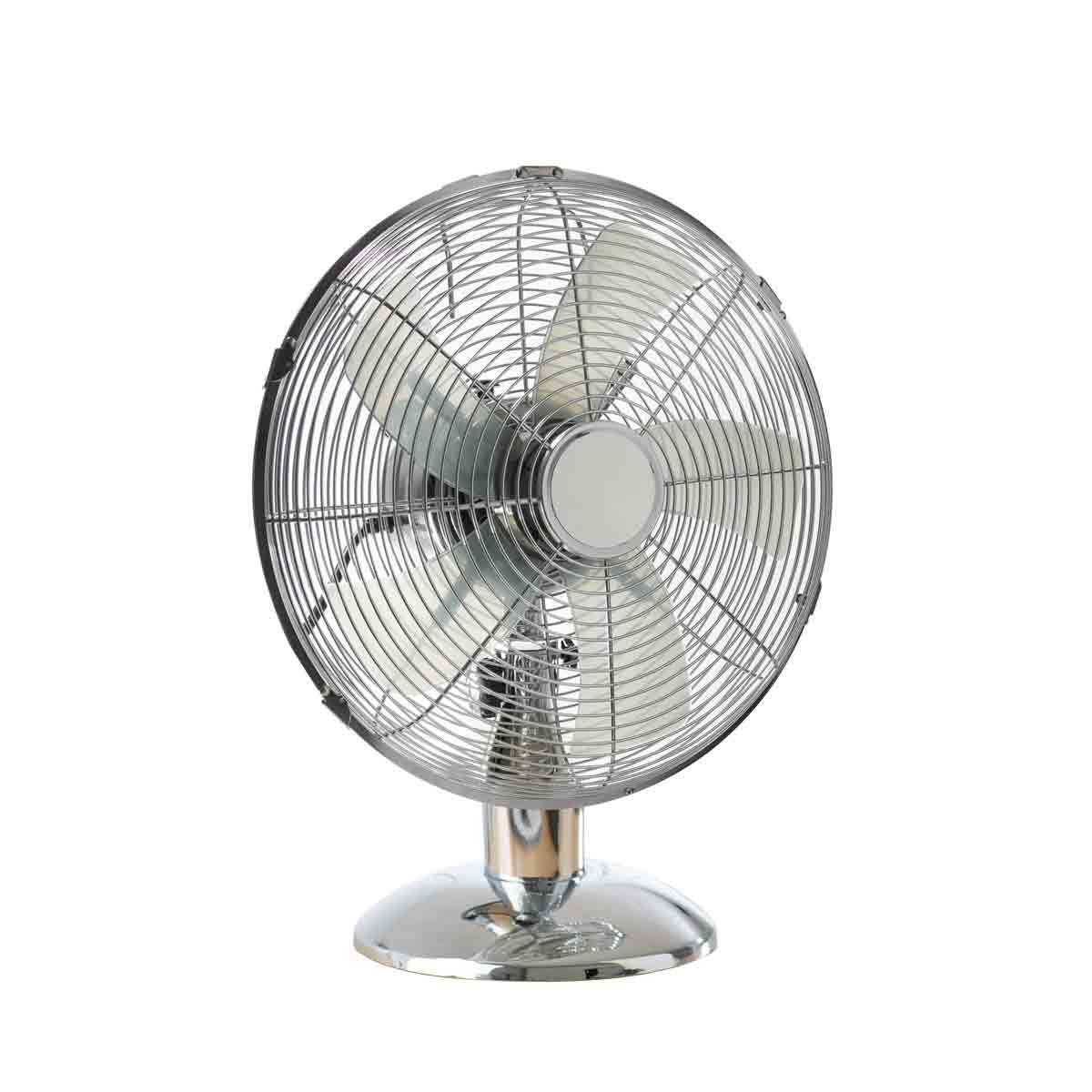 12-inch Daewoo metal desk fan featuring a chrome and silver finish, with a protective wire grille and five blades for efficient airflow, mounted on a sturdy circular base.