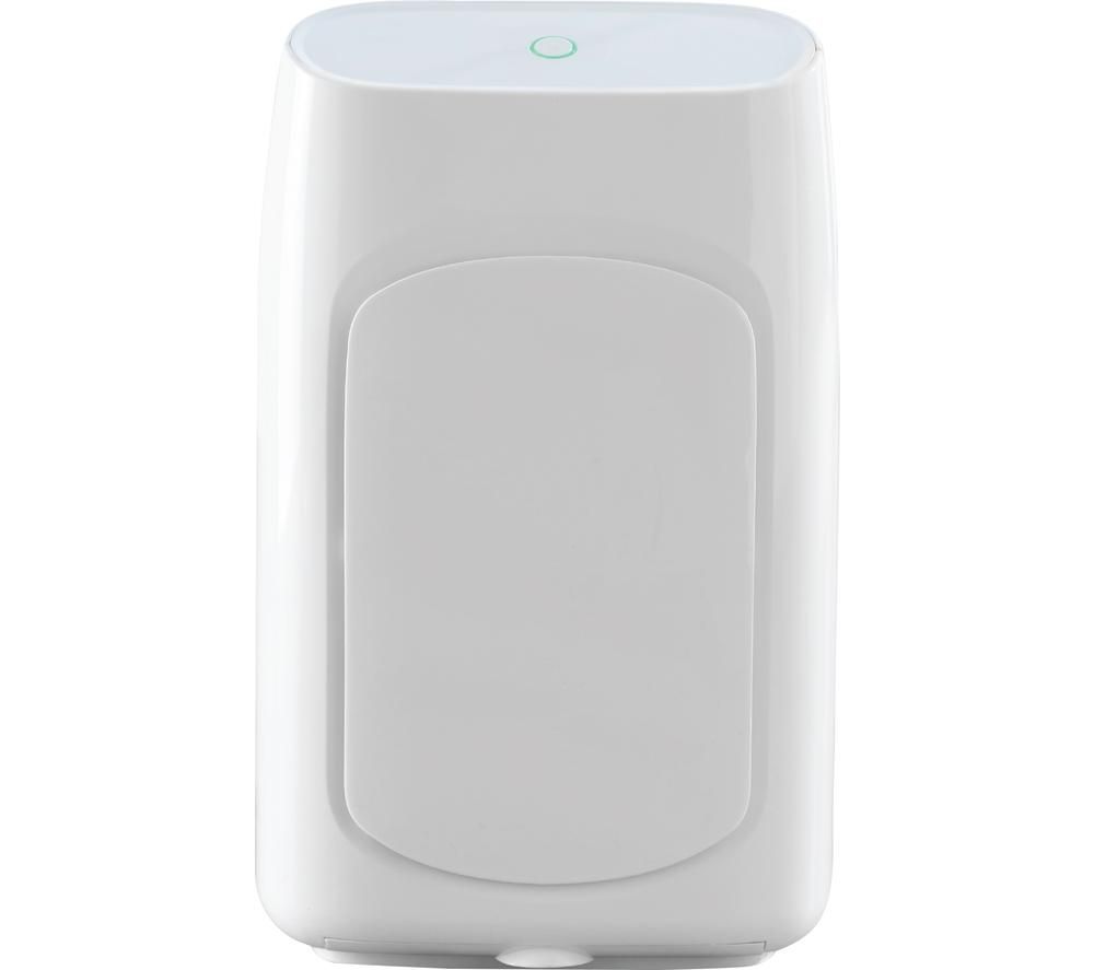 Compact white 2L dehumidifier with a smooth surface, rounded edges, and a green indicator light, designed for portable use in spaces up to 15m² to combat moisture and allergens.