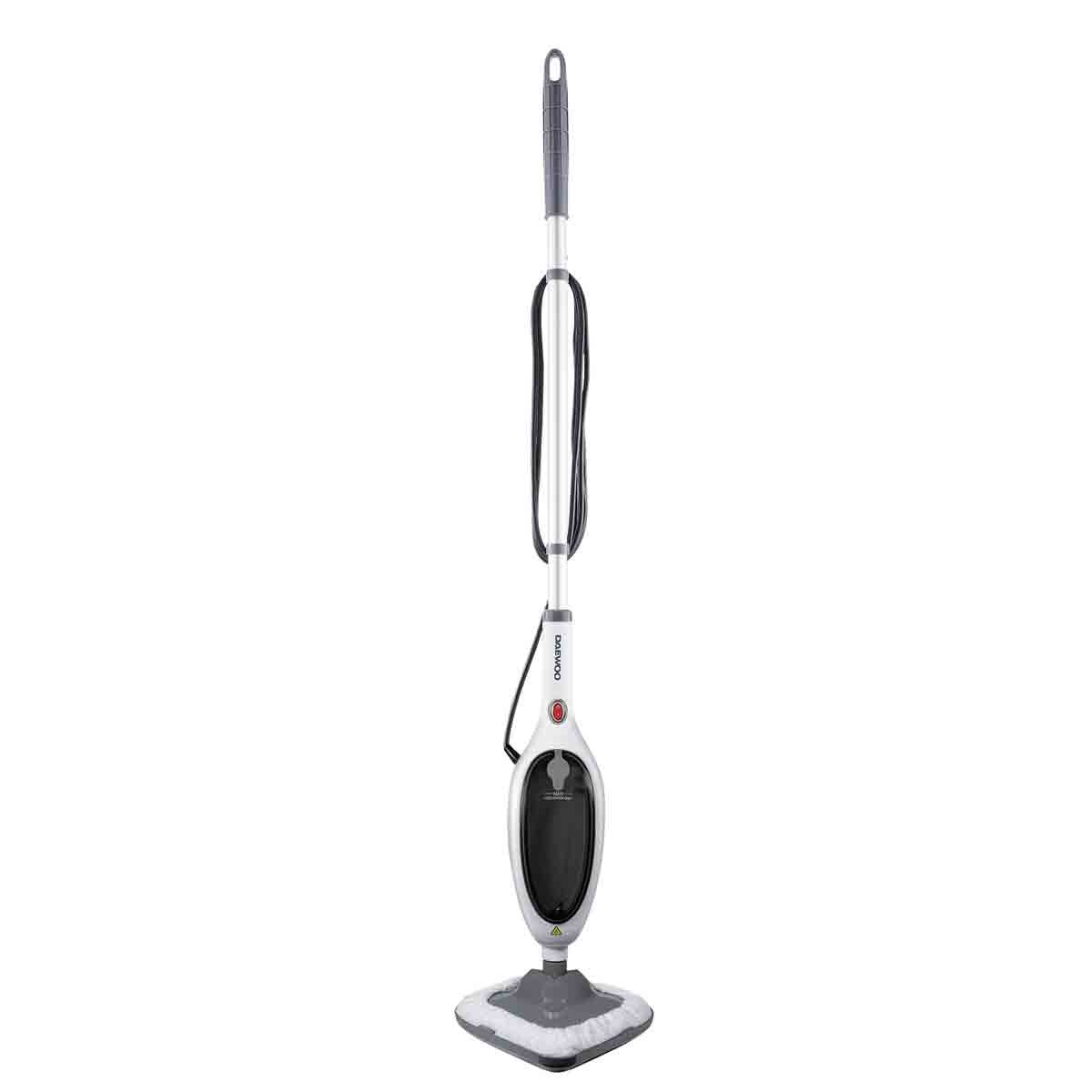 Daewoo 12-in-1 steam mop in white with a sleek design, featuring a handheld option, a gray mop head, and a long handle for versatile cleaning on floors, carpets, and windows.