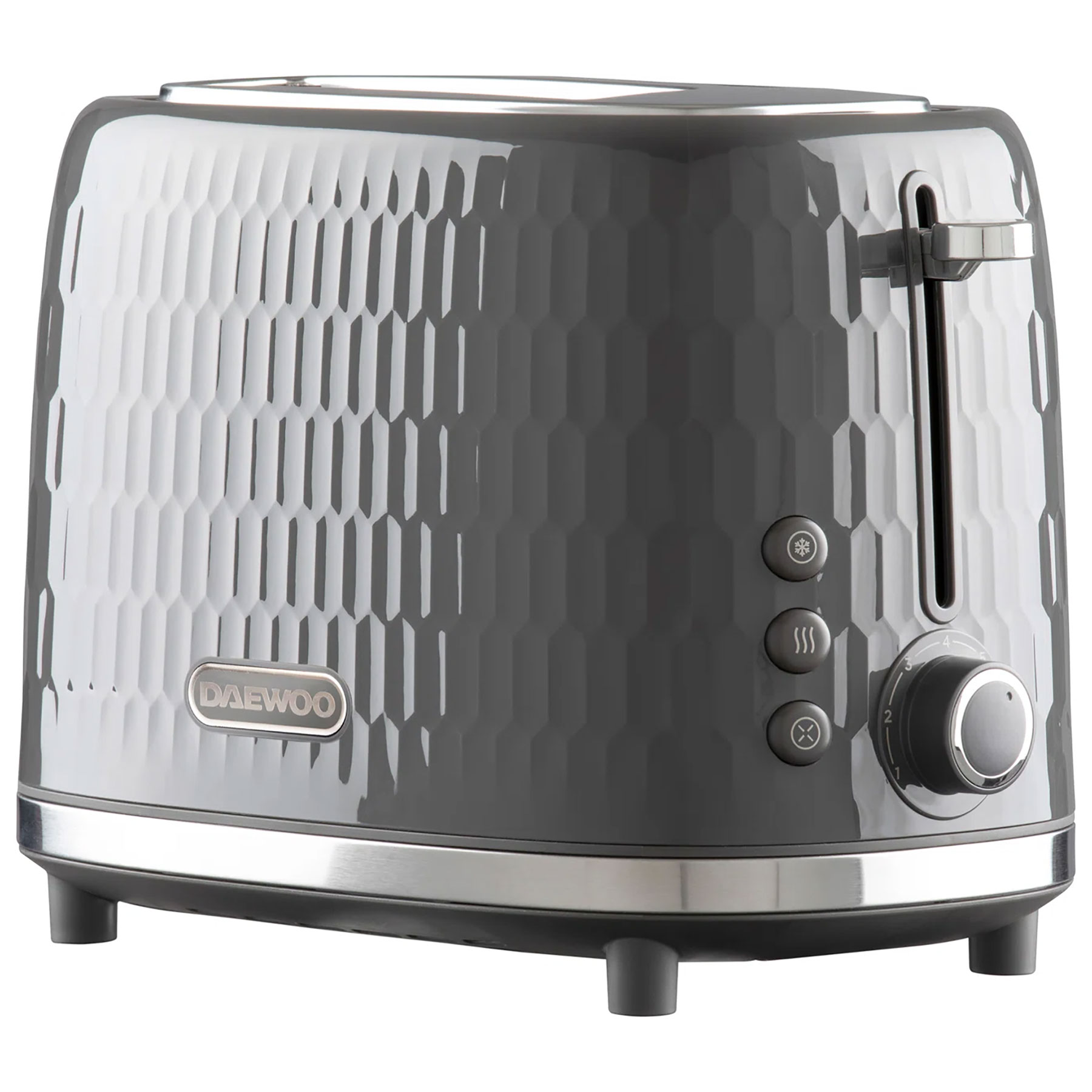 Grey honeycomb-patterned 2-slice toaster with a stainless steel base, featuring a dial for browning control and buttons for defrost and cancel functions.