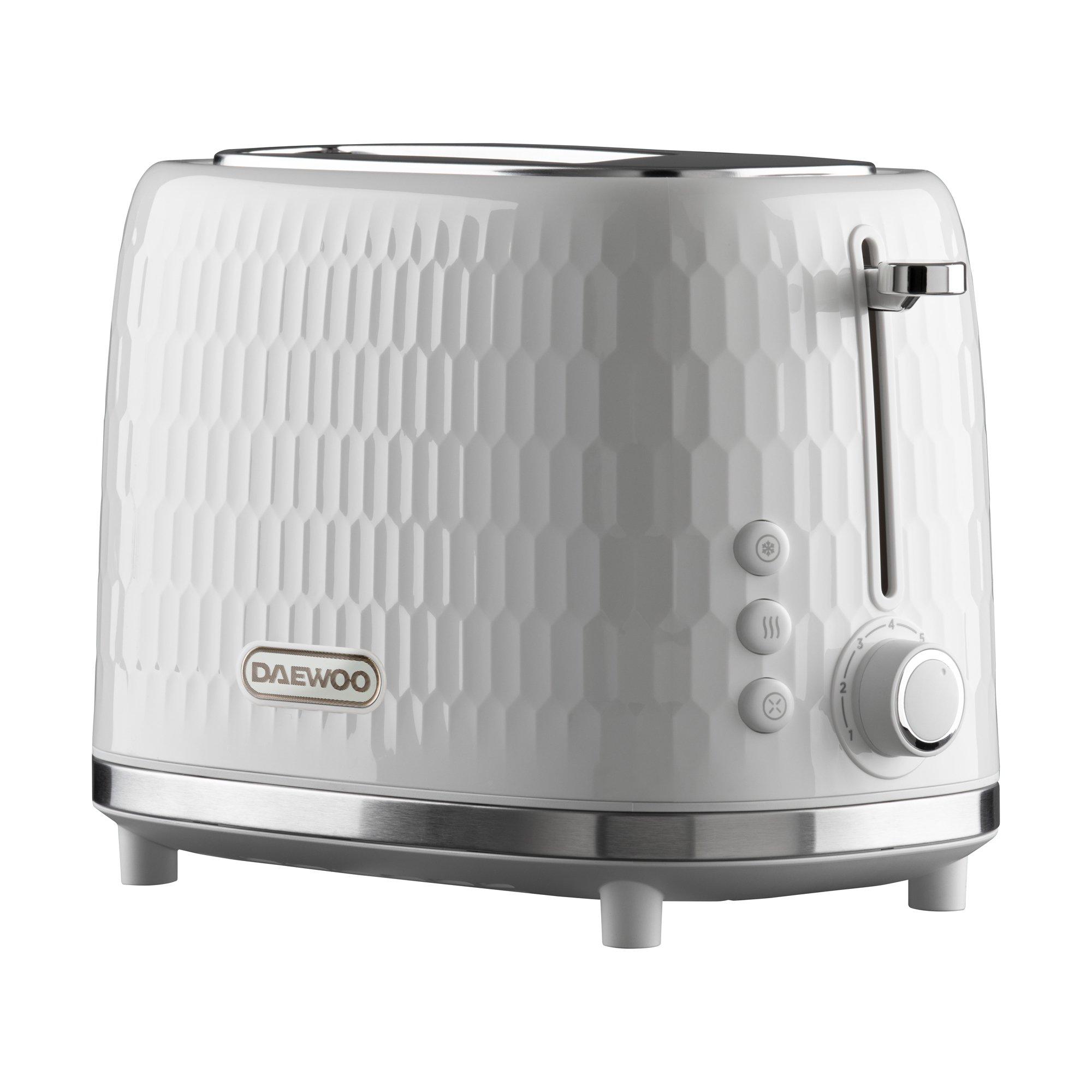 White honeycomb-patterned 2-slice toaster with a chrome lever and dial, featuring a sleek design and compact size, ideal for modern kitchens.