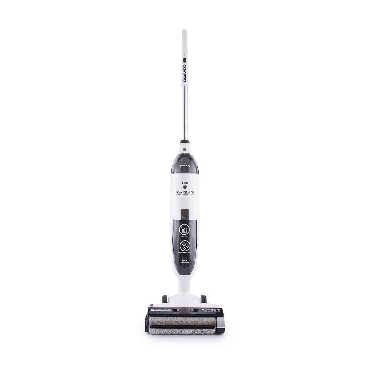 White Daewoo 'Hurricane' 250W upright cordless vacuum and wet/dry floor cleaner, featuring a sleek design, control buttons, and a scrubber brush at the base.